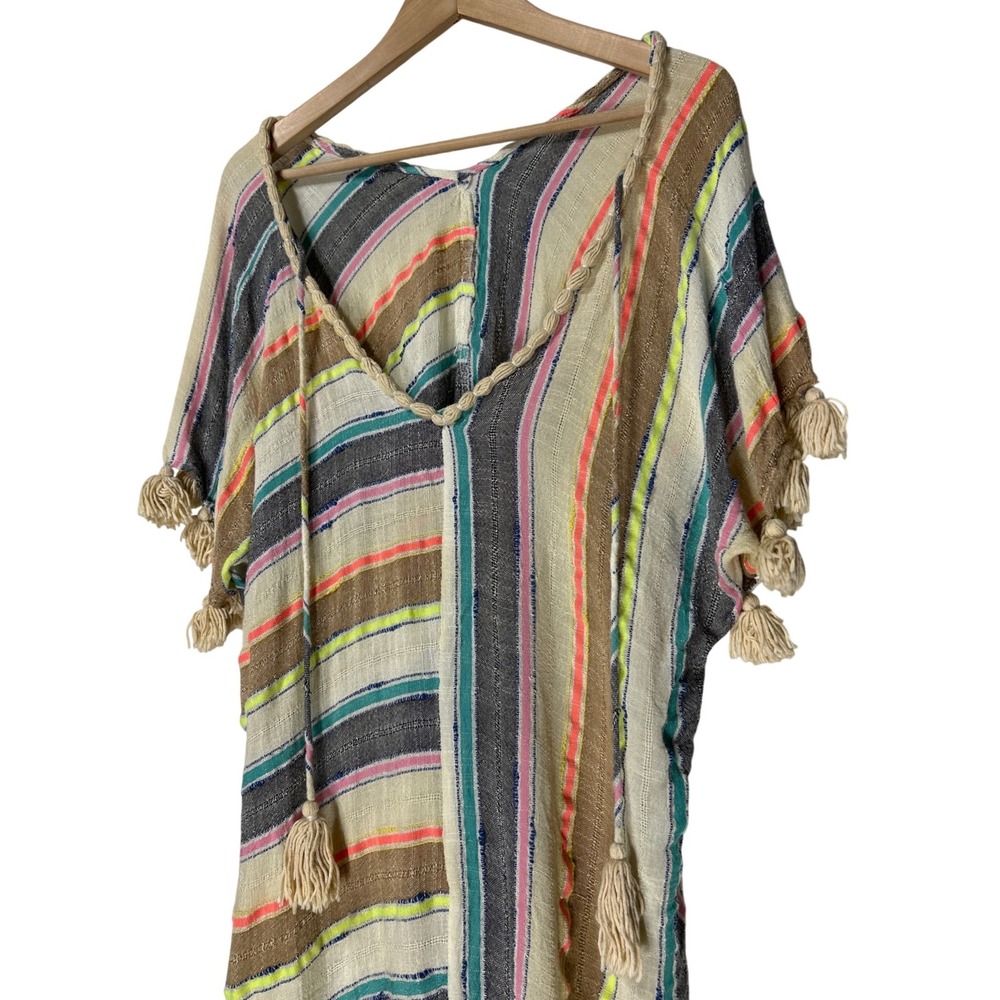 Boho Multi-Color Striped Tassel Trim Swim Cover-Up Women's 24" Wide 34" Long